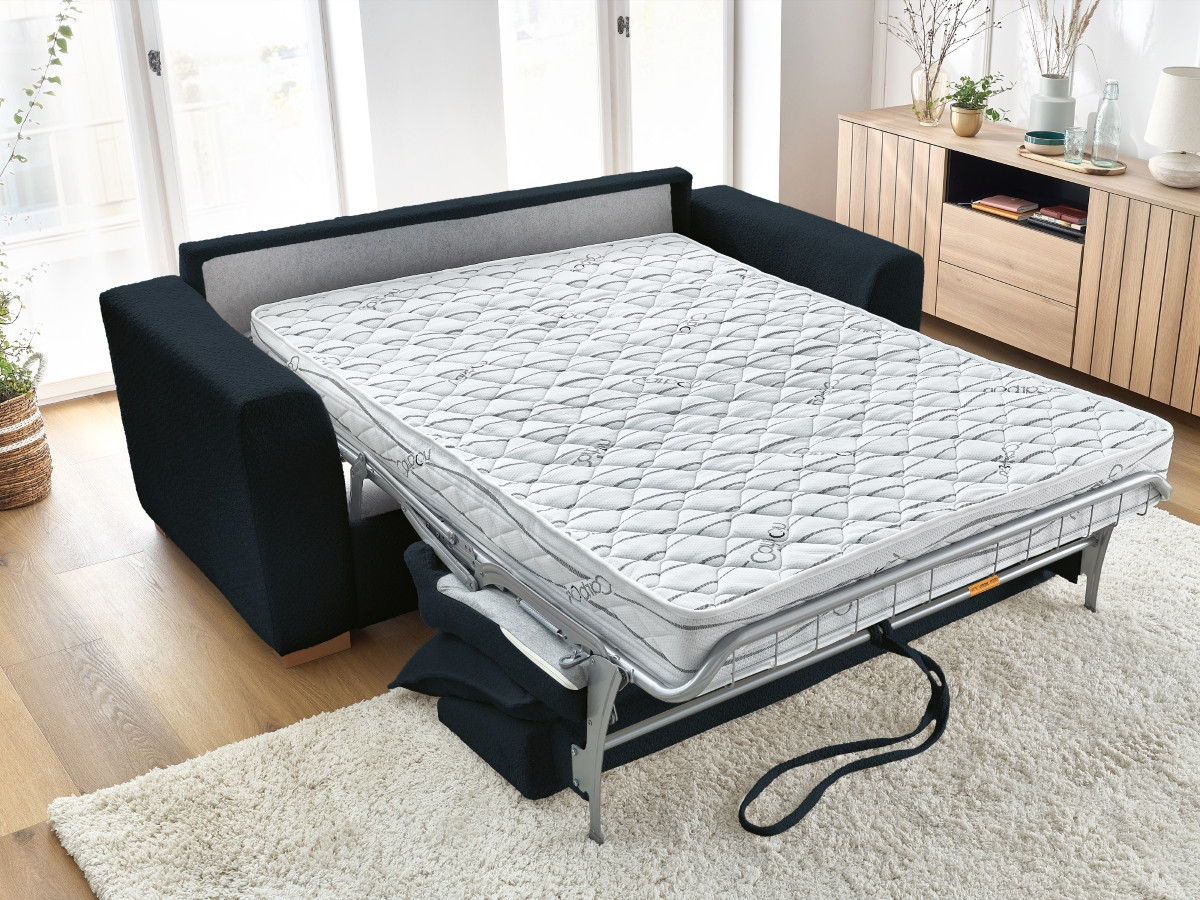 Bobochic Augustin Schlafsofa 3-Sitzer Bouclé-Stoff Dunkelblau, Liegefläche 160 × 200 cm