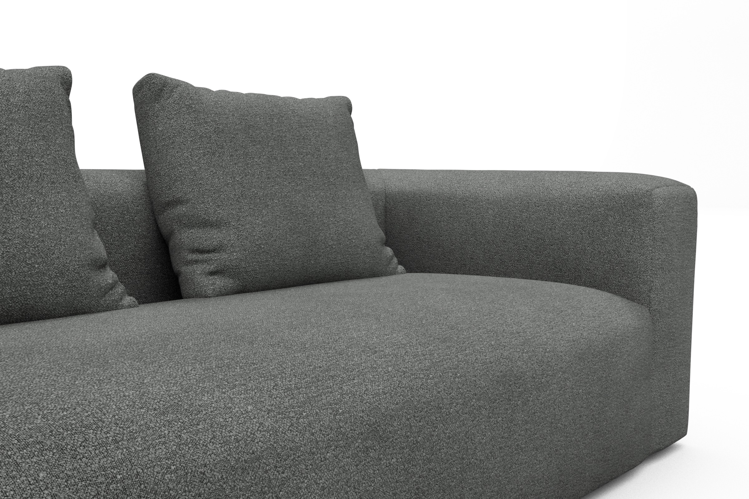 Wohnlandschaft Fred Relax-Ecke rechts mit 2-Sitzer und Chaiselongue links Boucle-Ash-Grey