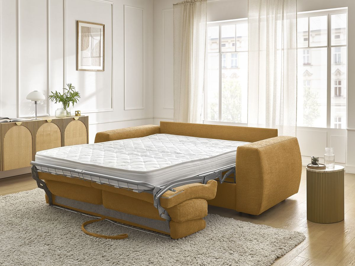 Bobochic Hugo Schlafsofa 3-Sitzer Strukturstoff Gelb, Liegefläche 160 × 190 cm