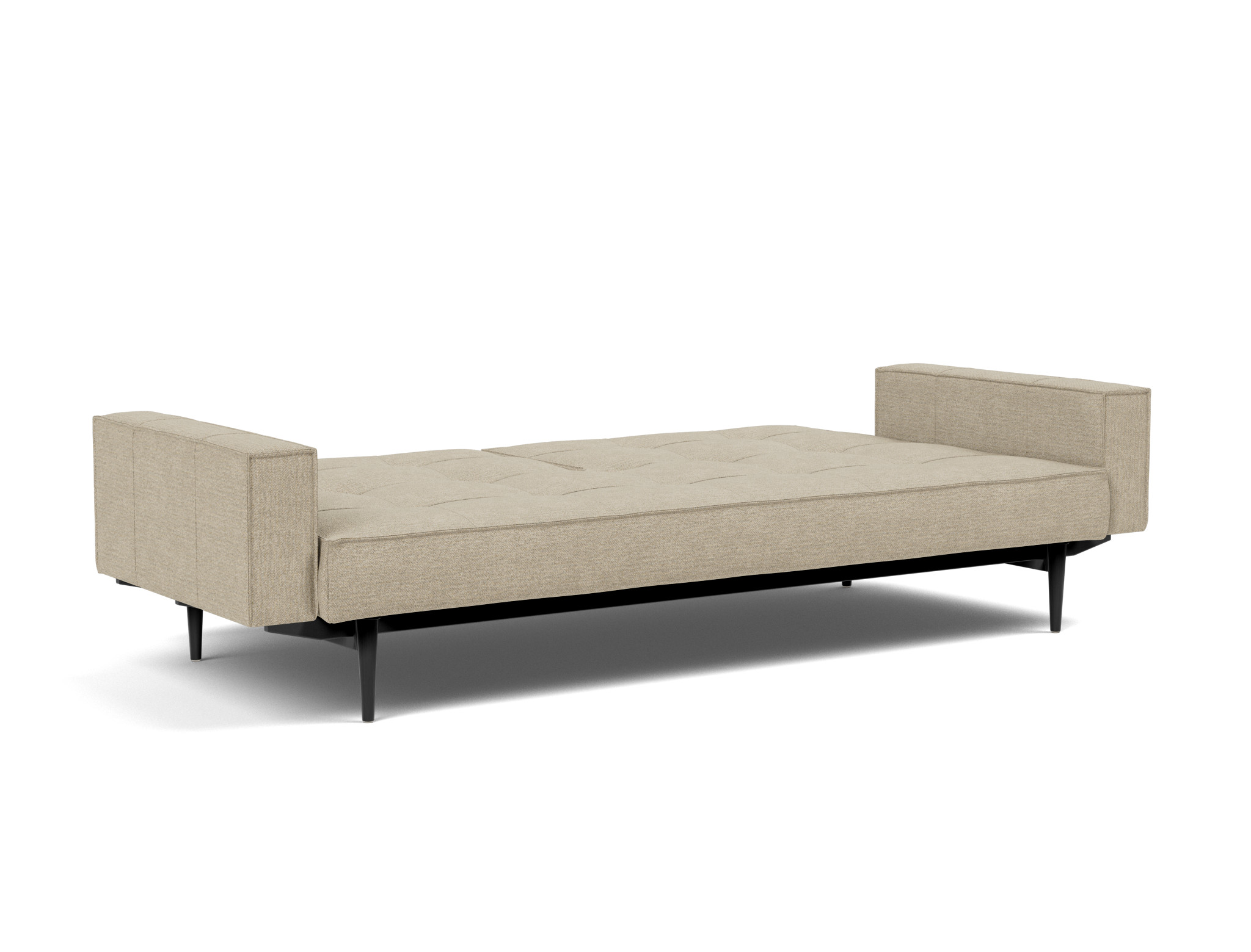 Schlafsofa Splitback mit Armlehnen Strukturierter Stoff Taura 356-Sand Beine Styletto Eiche schwarz
