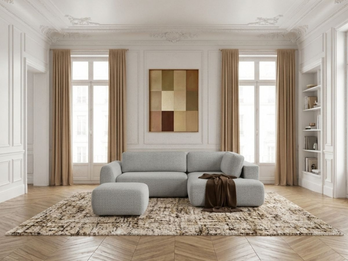 Bobochic Denise Ecksofa mit Schlaffunktion und Bettkasten und Pouf 256 × 197 cm Strukturstoff Hellgrau Ecke rechts