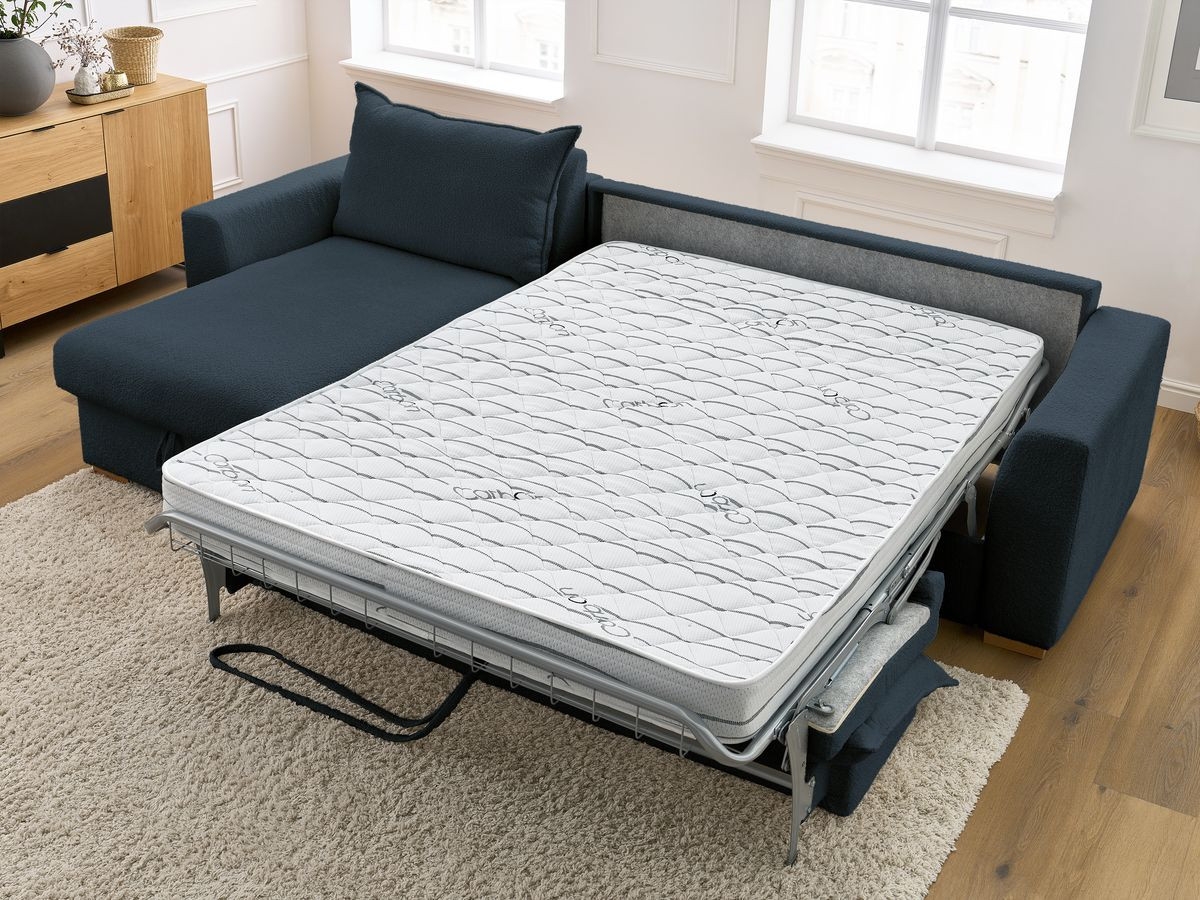 Bobochic Augustin Ecksofa mit Schlaffunktion und Bettkasten Bouclé-Stoff Dunkelblau, Liegefläche 140 × 200 cm