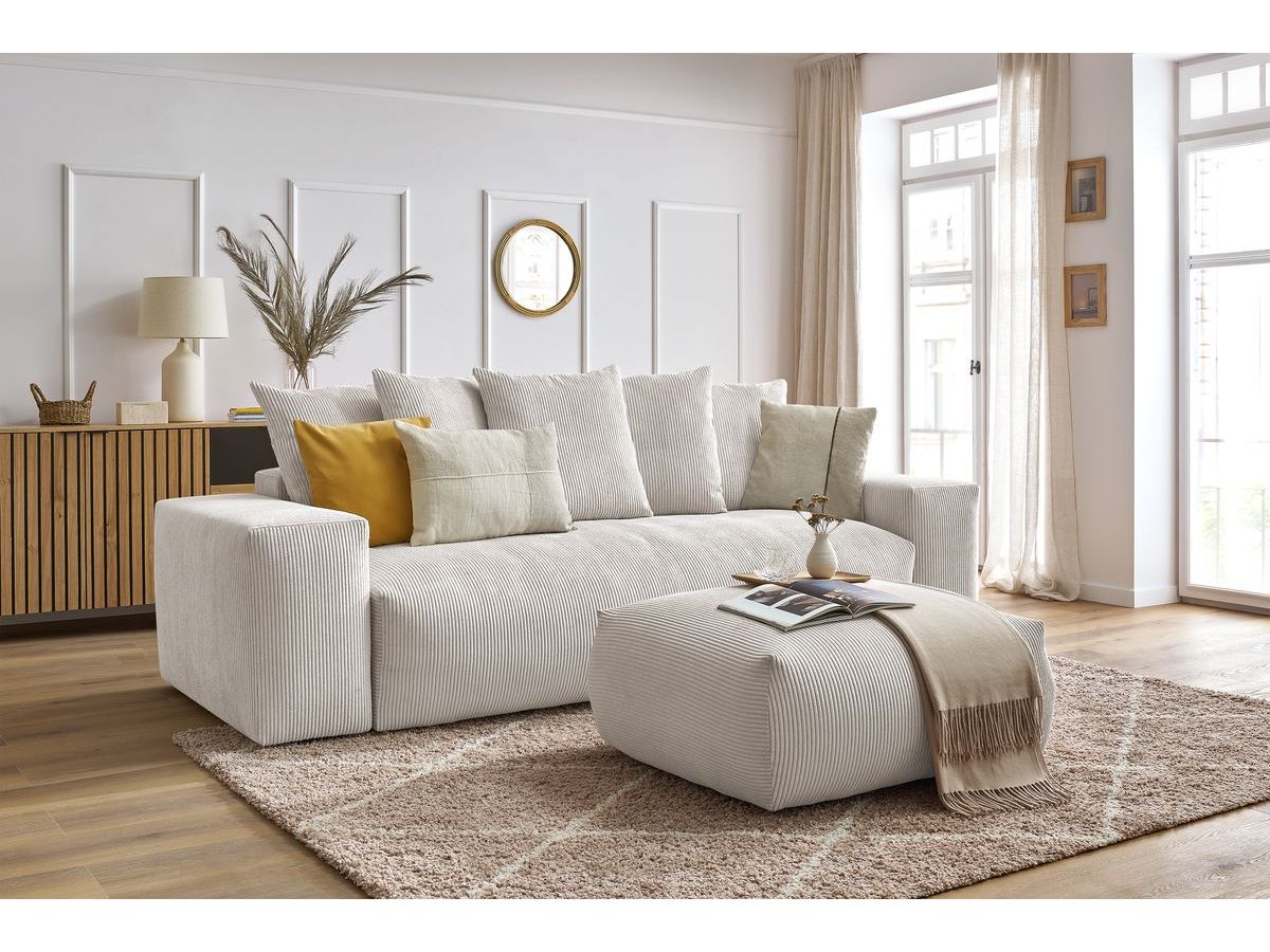 Bobochic Voltaire Schlafsofa 4-Sitzer mit Bettkasten und Pouf Cordsamt Beige