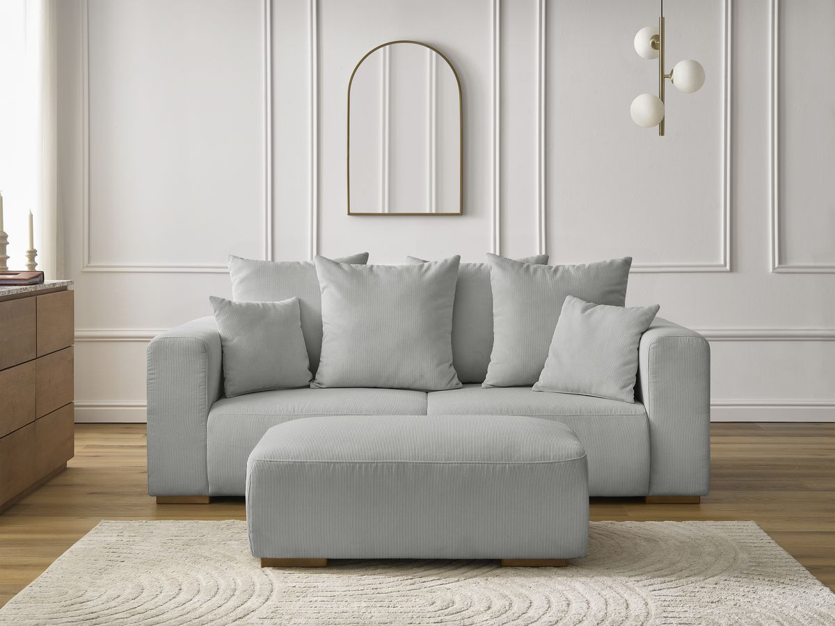 Bobochic Sidonie Sofa 3-Sitzer mit Pouf Cordsamt Hellgrau