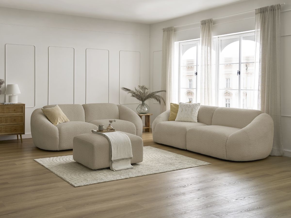 Bobochic Tina Sofa 6-Sitzer mit Pouf Bouclé-Stoff Beige