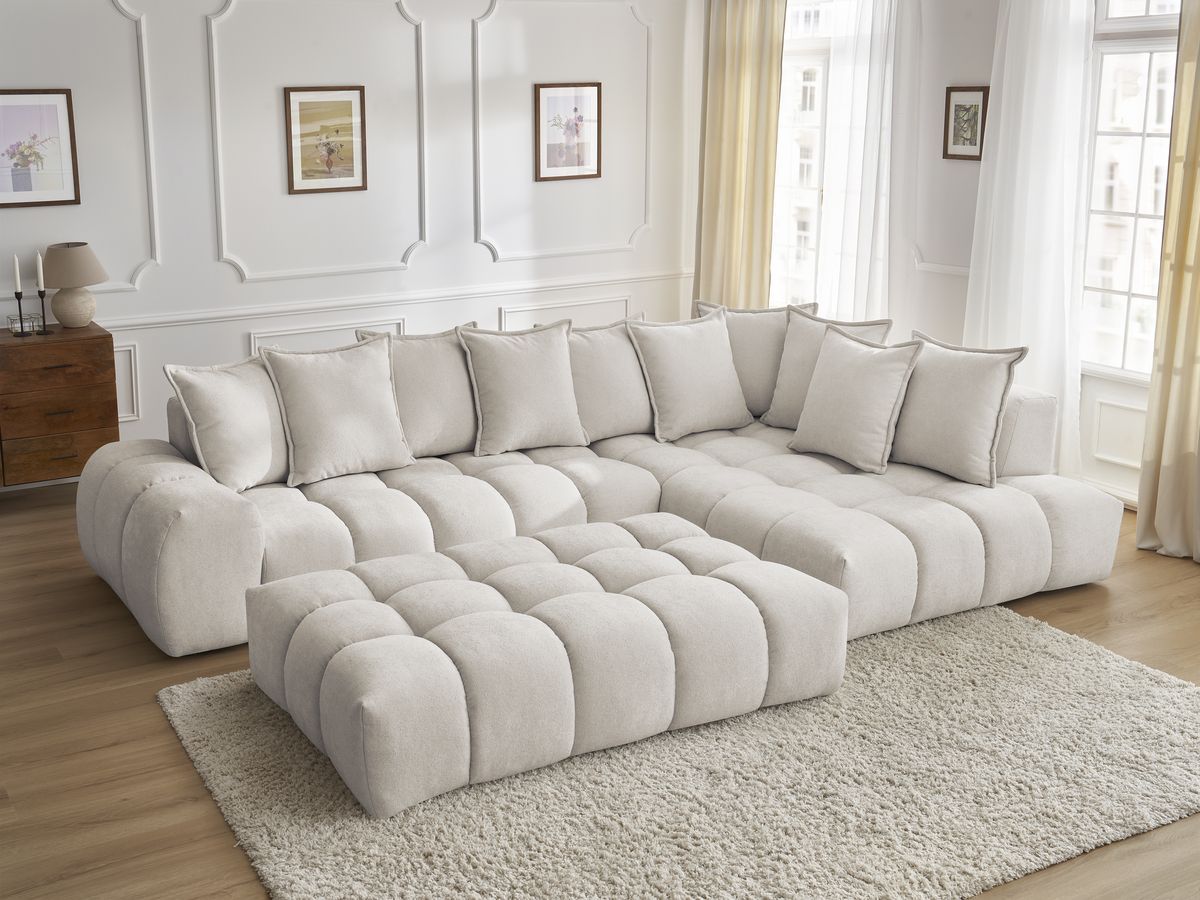 Bobochic Everest Ecksofa mit Schlaffunktion und Pouf, 10 Kissen Strukturstoff Beige Ecke rechts