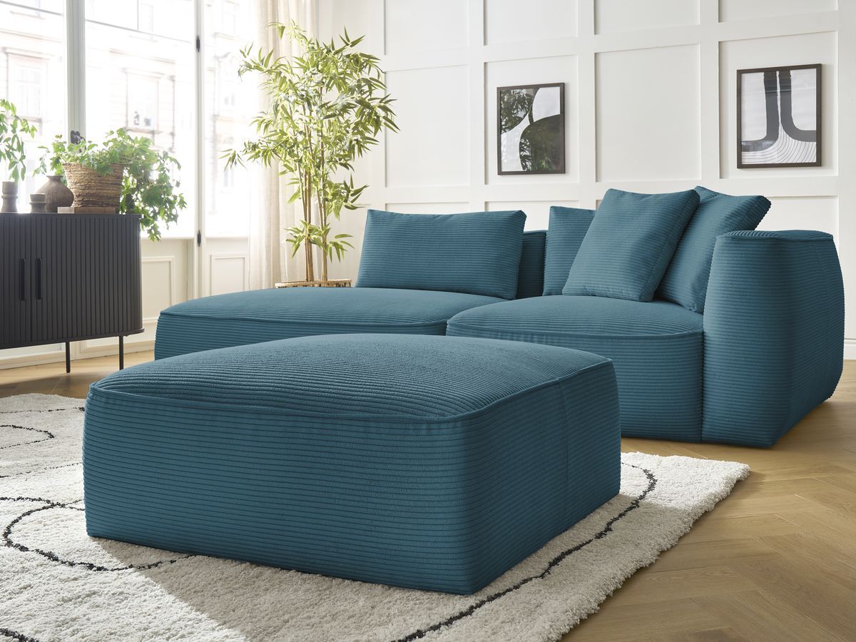 Bobochic Leopold Sofa 4-Sitzer mit Pouf Cordsamt Hellblau Armlehne rechts