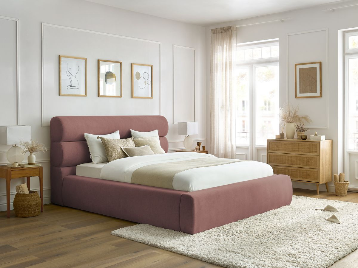 Bobochic Jagna Polsterbett mit Bettkasten Stoff Rosa, Liegefläche 160 × 200 cm