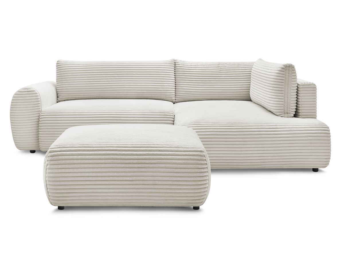 Bobochic Lucien Ecksofa mit Schlaffunktion und Bettkasten und Pouf 296 × 198 cm Breitcord weich Beige Ecke rechts