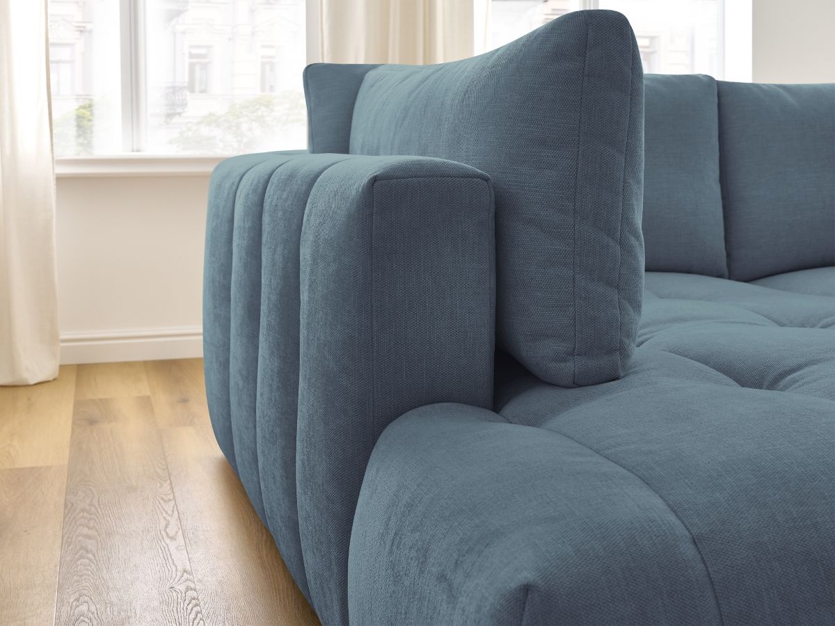 Bobochic Fuji Ecksofa mit Schlaffunktion und Bettkasten und Pouf 282 × 204 cm Stoff Hellblau Ecke links