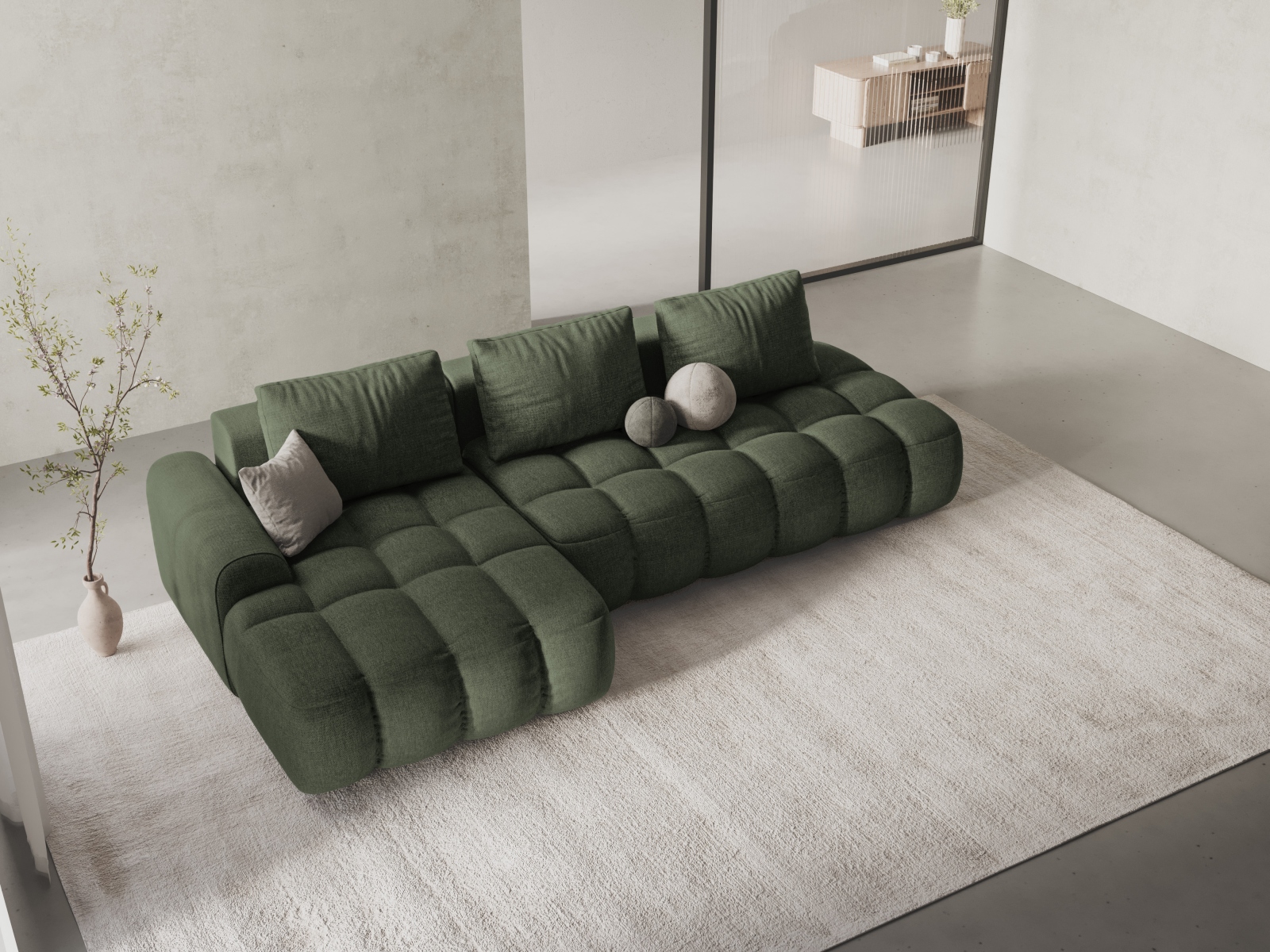 Cosmopolitan Design Ecksofa Linz 3-Sitzer offen mit Schlaffunktion Strukturierter Stoff Sorella Dunkles Olivgrün Links