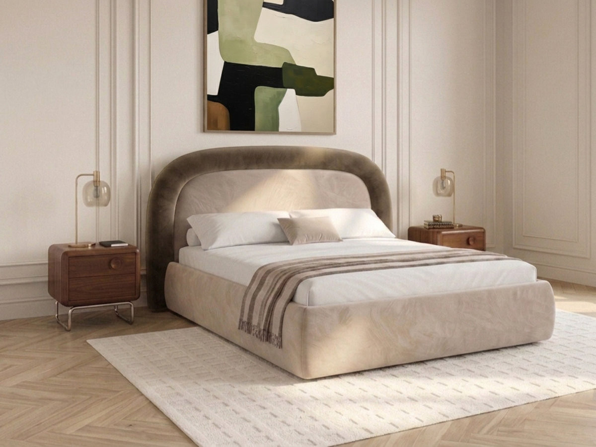 Bobochic Simone Polsterbett mit Bettkasten Samt Taupe, Liegefläche 140 × 190 cm