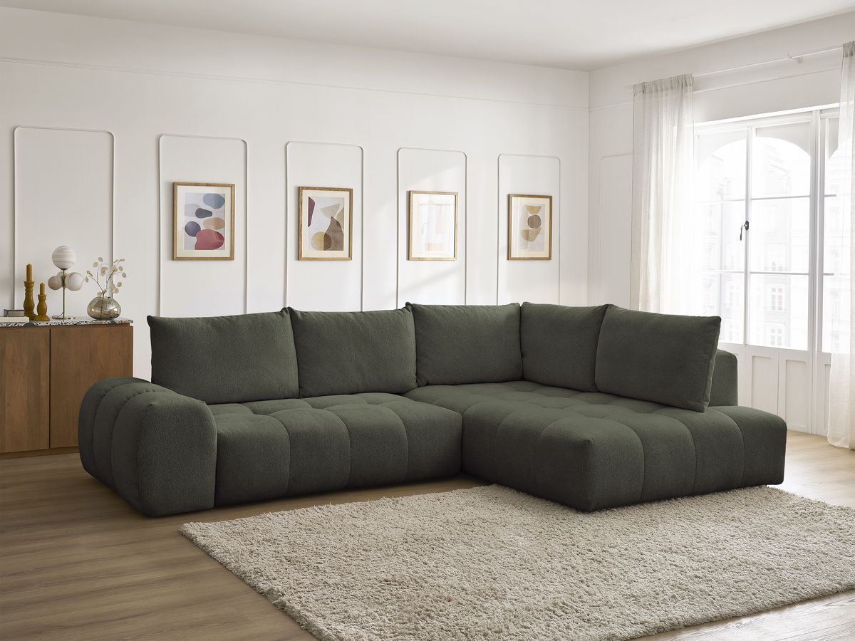 Bobochic Everest Ecksofa mit Schlaffunktion und Bettkasten 320 × 212 cm, 5 Kissen Melange-Stoff Grün Ecke rechts