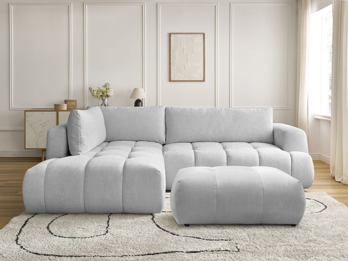 Bobochic Fuji Ecksofa mit Schlaffunktion und Bettkasten und Pouf 282 × 204 cm Stoff Hellgrau Ecke links