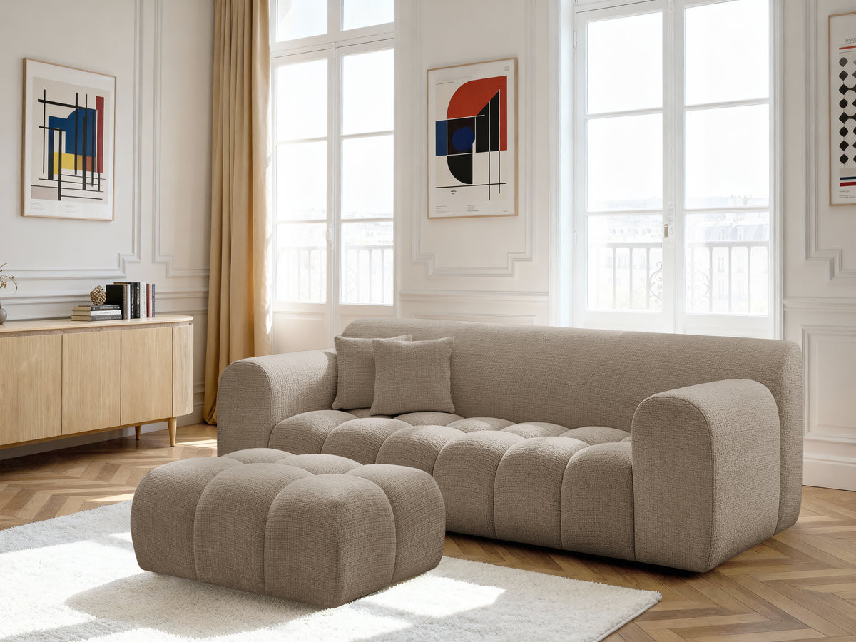 Bobochic Melisse Sofa 3-Sitzer mit Pouf Strukturstoff Taupe