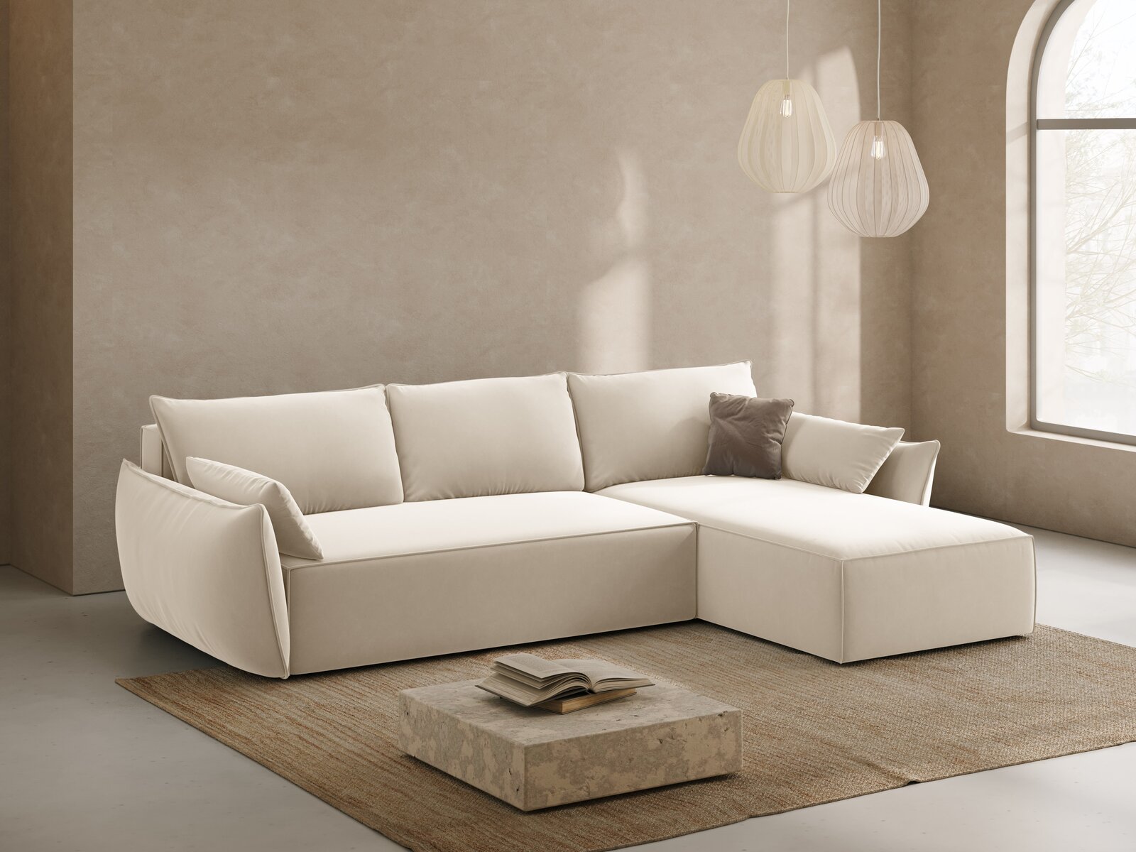 Micadoni Kaelle Ecksofa 4-Sitzer mit Schlaffunktion Rechts Samt Bluvel Helles Beige