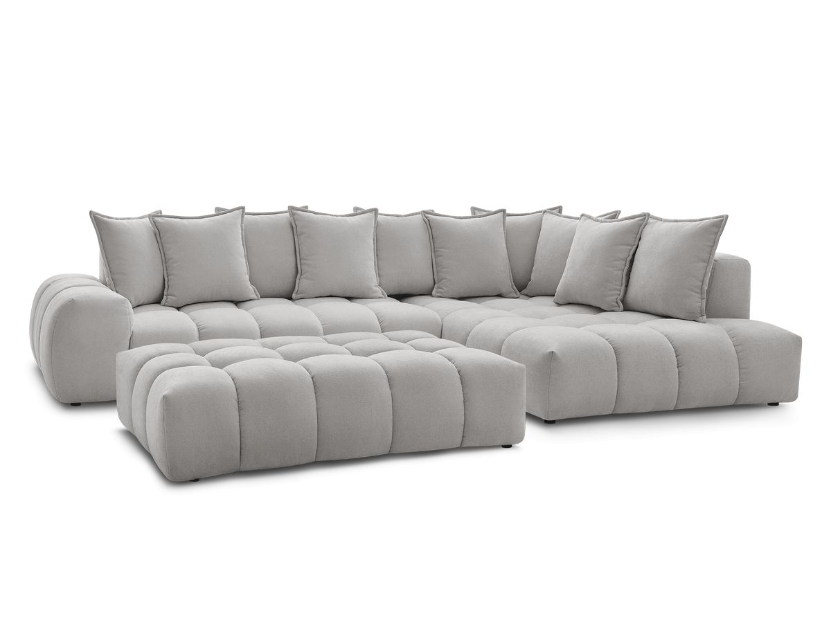 Bobochic Everest Ecksofa mit Schlaffunktion und Pouf, 10 Kissen Strukturstoff Hellgrau Ecke rechts