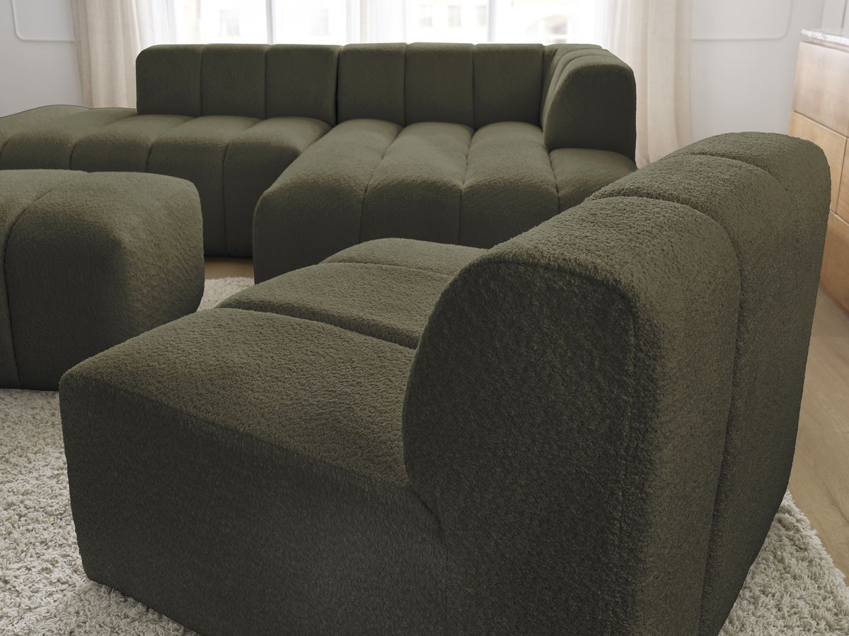 Bobochic Annecy Ecksofa mit Sofamodul und Pouf Bouclé-Stoff Grün Ecke rechts