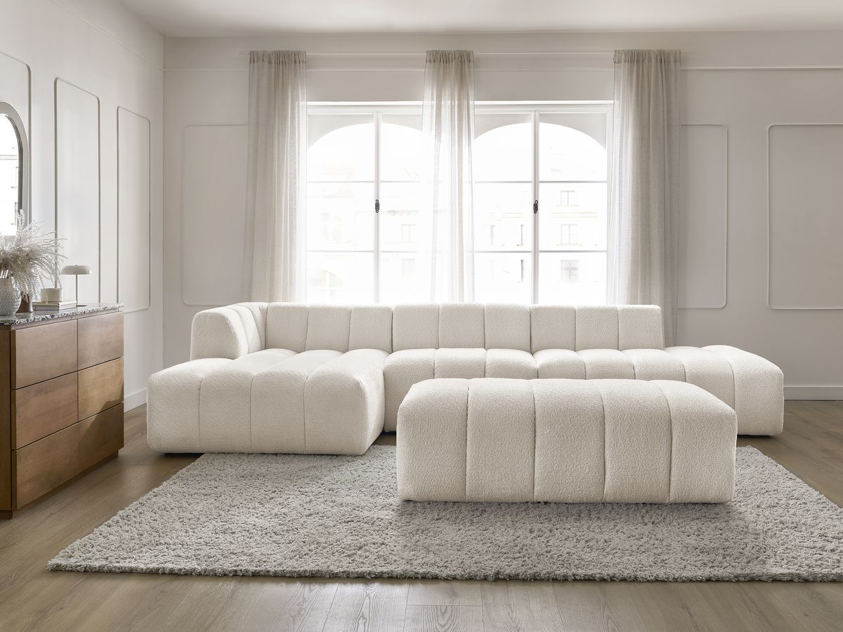 Bobochic Annecy Ecksofa mit Sofamodul und Pouf Bouclé-Stoff Weiß Ecke links