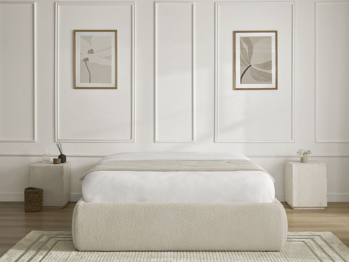 Bobochic Inera Bettgestell mit Bettkasten, ohne Kopfteil Bouclé-Stoff Beige, Liegefläche 140 × 190 cm