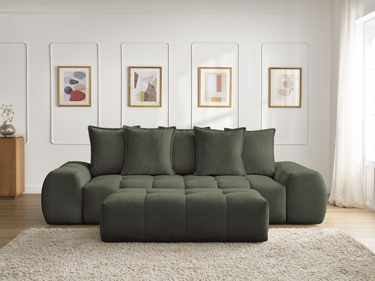 Bobochic Everest Sofa 3-Sitzer mit Pouf, 5 Kissen Melange-Stoff Grün