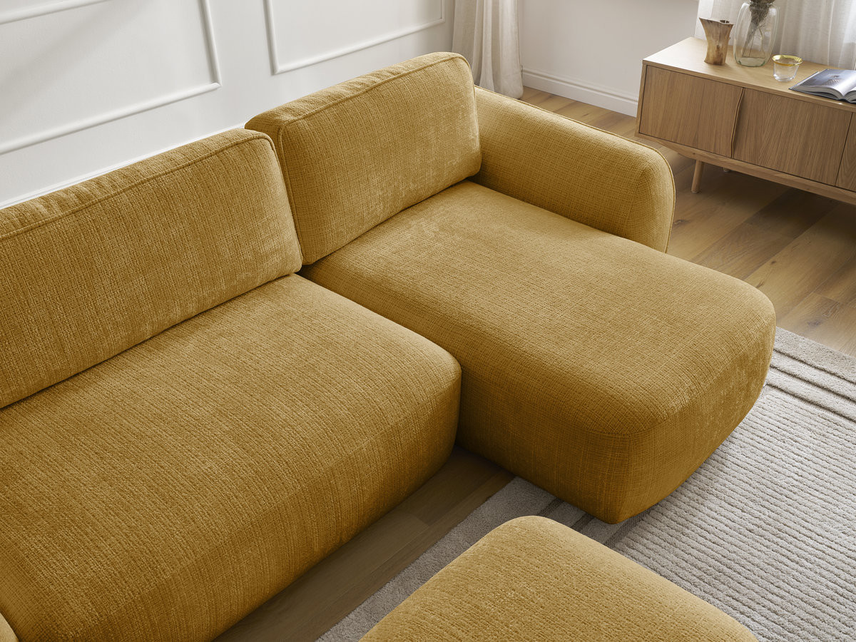 Bobochic Denise Ecksofa mit Schlaffunktion und Bettkasten und Pouf 258 × 160 cm Strukturstoff Gelb Ecke rechts