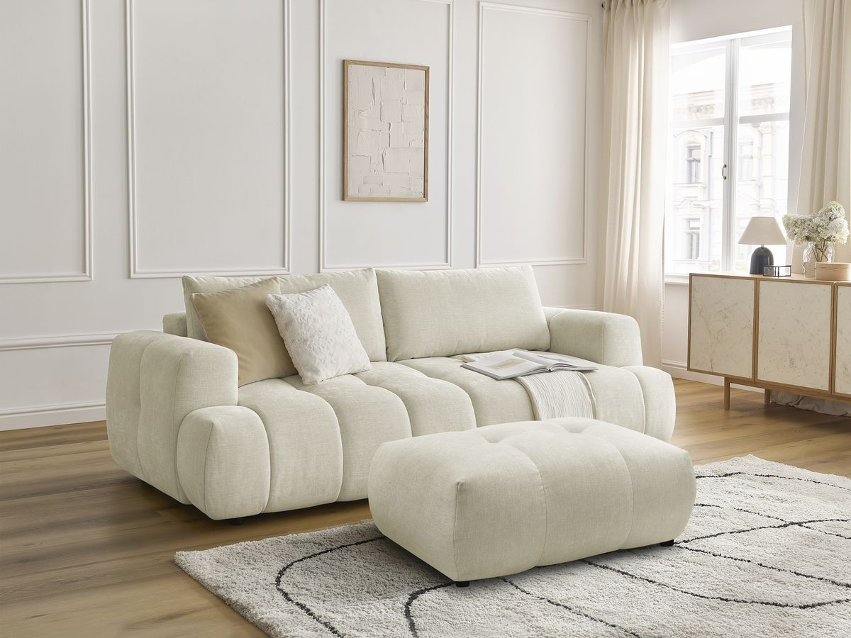 Bobochic Fuji Schlafsofa 3-Sitzer mit Bettkasten und Pouf Stoff Beige