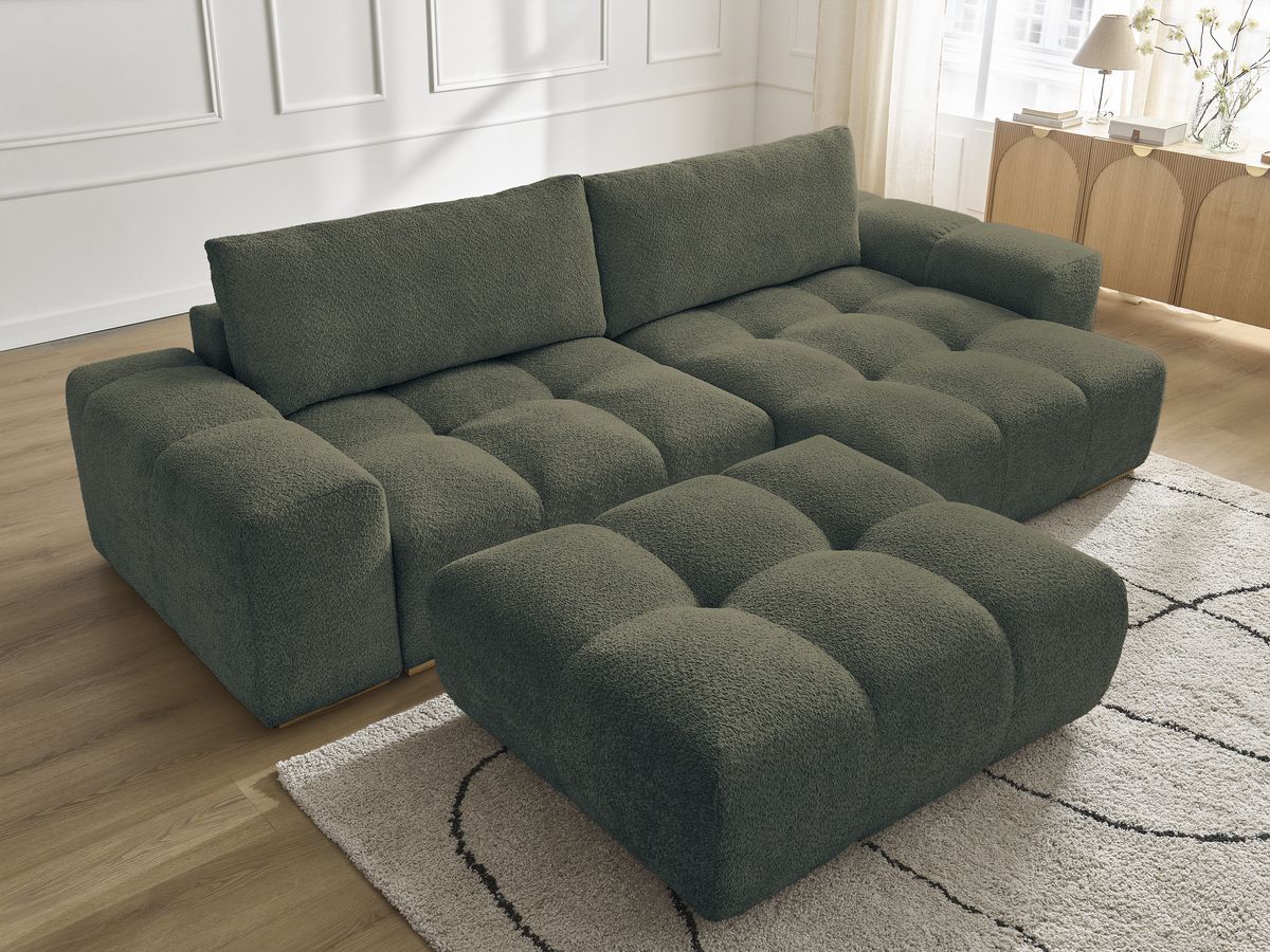 Bobochic Anakin Ecksofa mit Pouf, 2 Kissen Bouclé-Stoff Grün