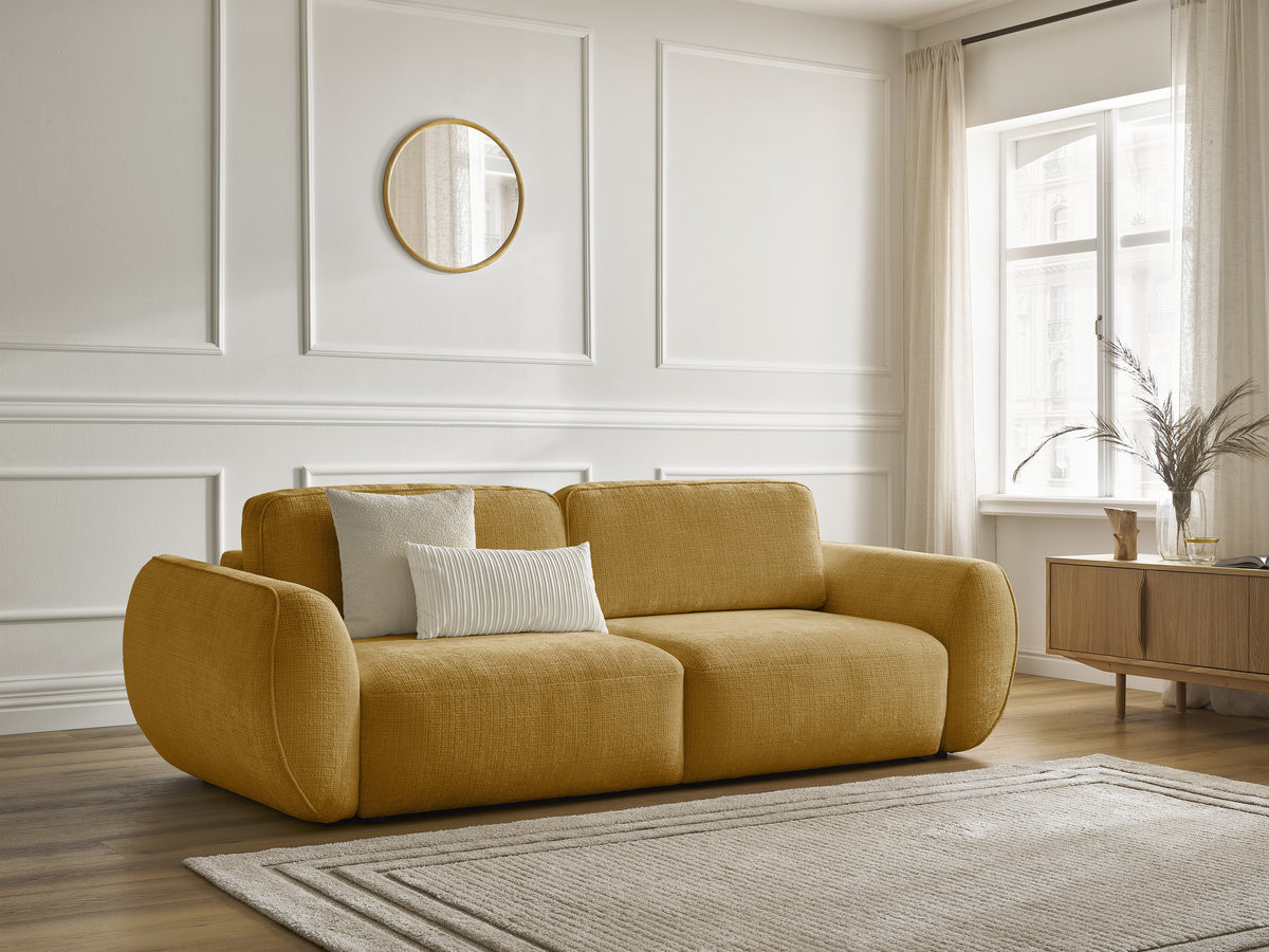 Bobochic Denise Schlafsofa 3-Sitzer mit Bettkasten Strukturstoff Gelb