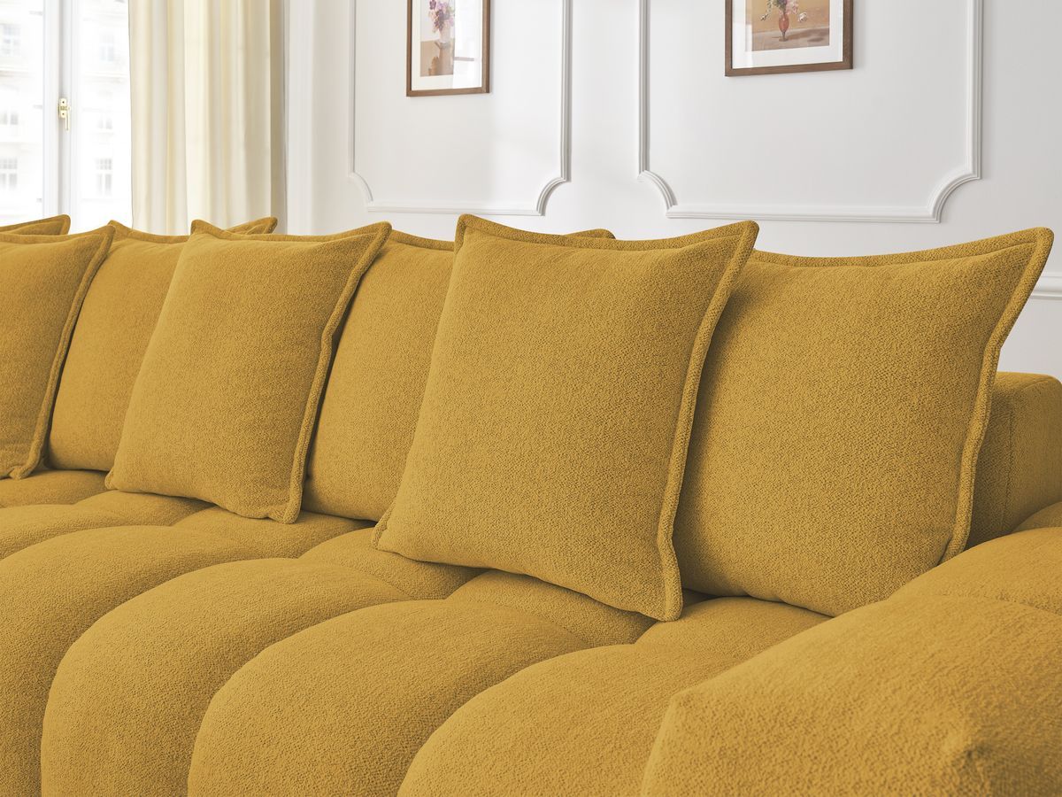 Bobochic Everest Ecksofa mit Schlaffunktion und Pouf, 10 Kissen Melange-Stoff Gelb Ecke links