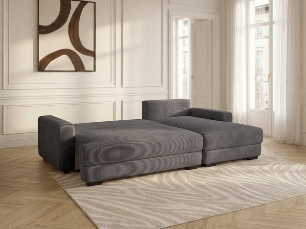 Bobochic Campi Ecksofa mit Schlaffunktion und Bettkasten Cordsamt Dunkelgrau Ecke rechts