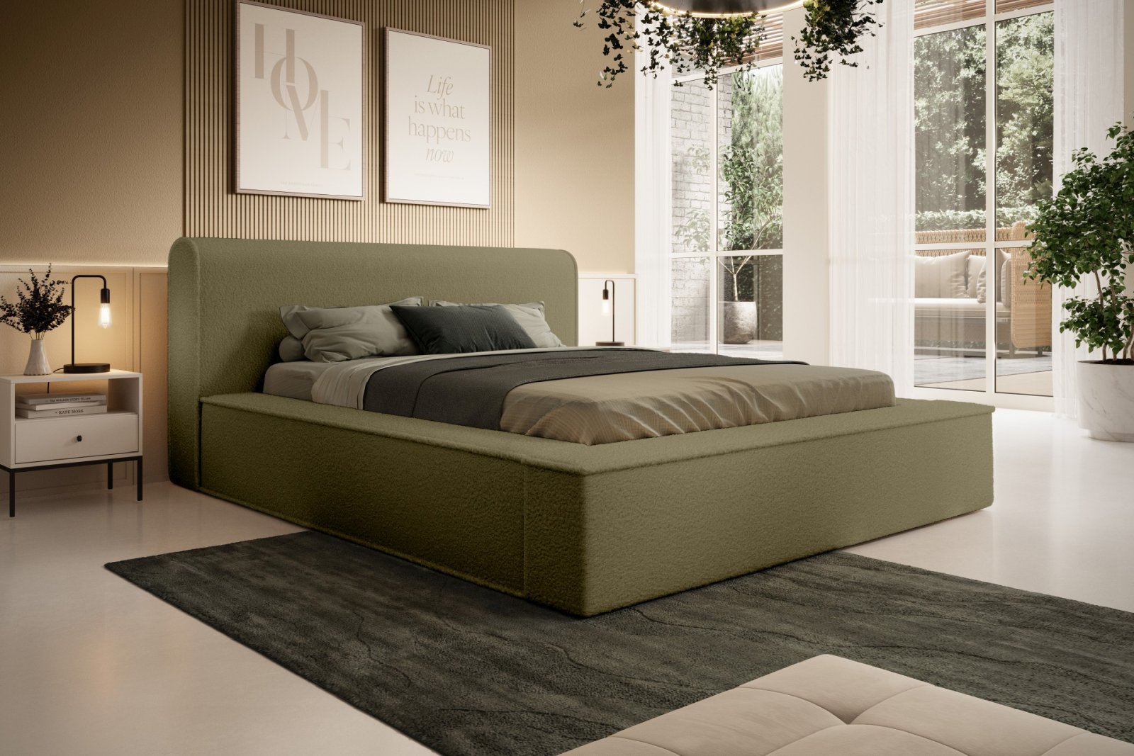 Polsterbett Calio Boucle 140x200 mit Metallrahmen Euphoria 11 Olive