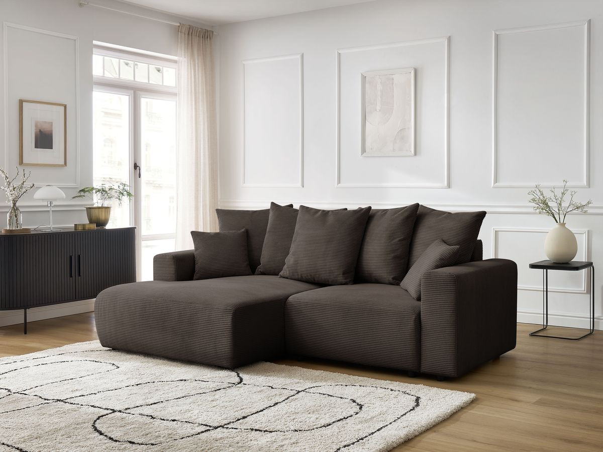 Bobochic Atilla Ecksofa mit Schlaffunktion und Bettkasten Cordsamt Taupe Ecke links