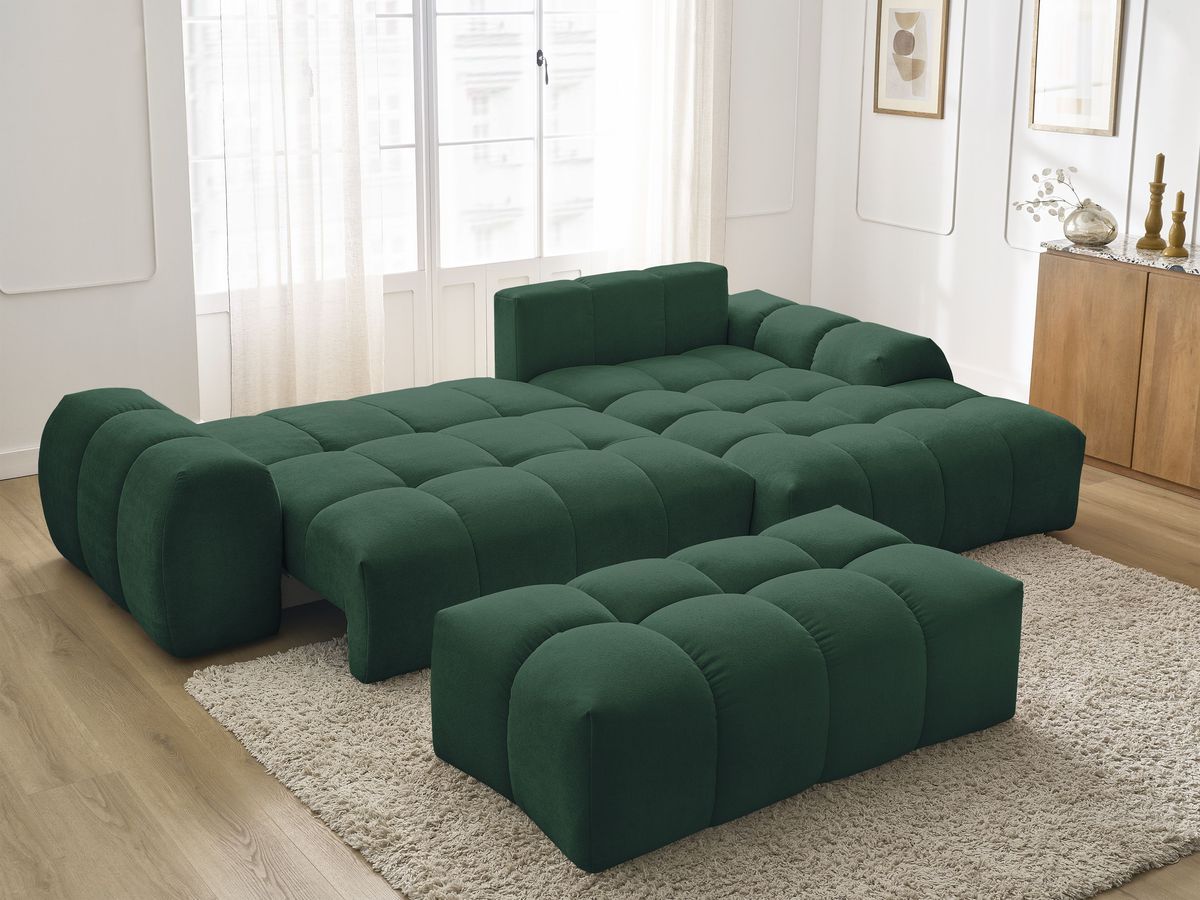 Bobochic Everest Ecksofa mit Schlaffunktion und Bettkasten und Pouf 318 × 180 cm, 3 Kissen Strukturstoff Grün Ecke rechts