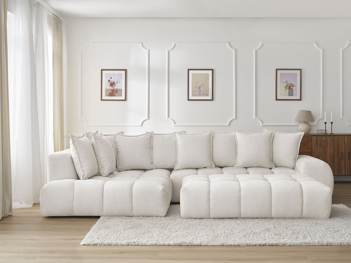 Bobochic Everest Ecksofa mit Schlaffunktion und Pouf, 10 Kissen Strukturstoff Weiß Ecke links
