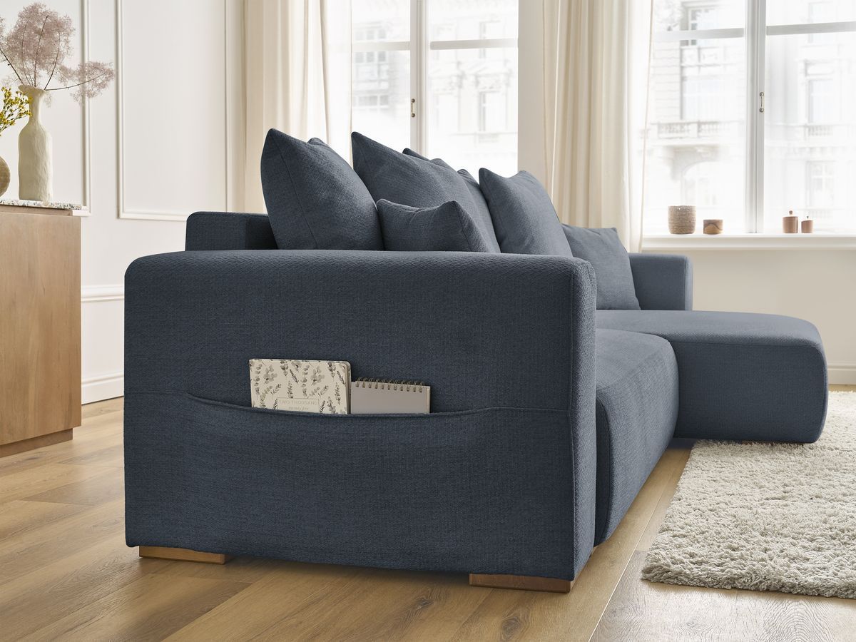 Bobochic Sidonie Ecksofa mit Schlaffunktion und Bettkasten Melange-Stoff Dunkelblau