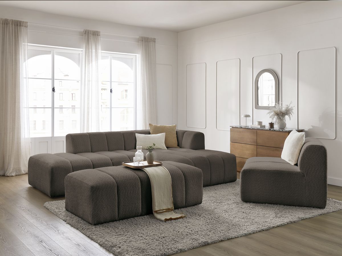 Bobochic Annecy Ecksofa mit Sofamodul und Pouf Bouclé-Stoff Braun Ecke rechts