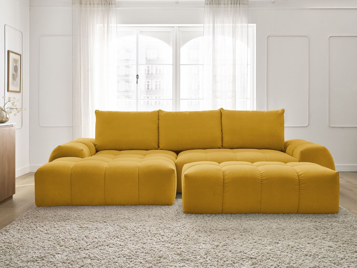 Bobochic Everest Ecksofa mit Schlaffunktion und Bettkasten und Pouf 318 × 180 cm, 3 Kissen Strukturstoff Gelb Ecke links