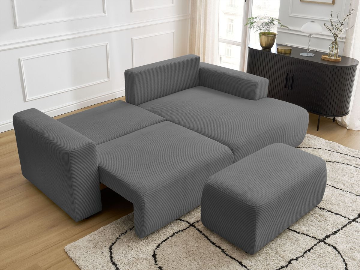 Bobochic Atilla Ecksofa mit Schlaffunktion und Bettkasten und Pouf Cordsamt Dunkelgrau Ecke rechts