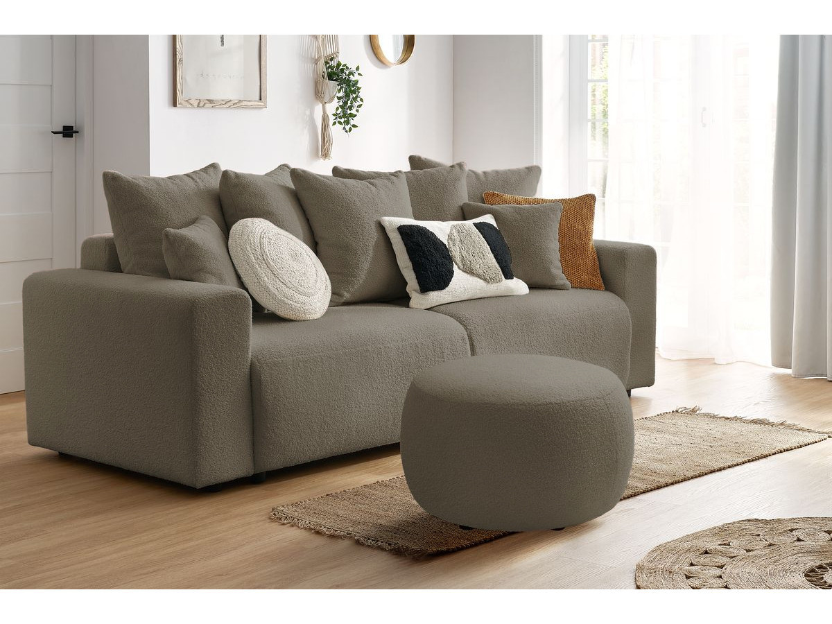 Bobochic Envy Schlafsofa 3-Sitzer mit Bettkasten und rundem Pouf Bouclé-Stoff Braun