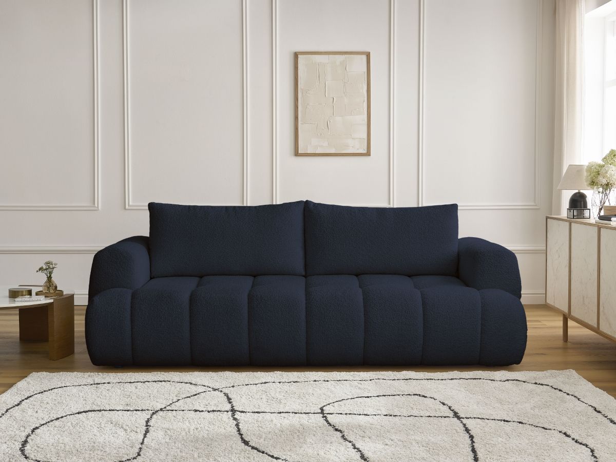Bobochic Fuji Schlafsofa 3-Sitzer mit Bettkasten Bouclé-Stoff Dunkelblau
