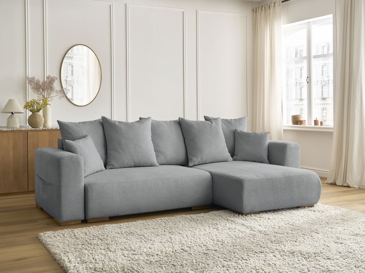 Bobochic Sidonie Ecksofa mit Schlaffunktion und Bettkasten Melange-Stoff Dunkelgrau