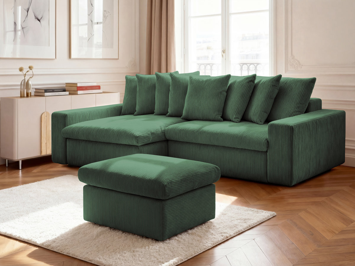 Bobochic Enore Ecksofa mit Pouf Cordsamt Dunkelgrün Ecke links