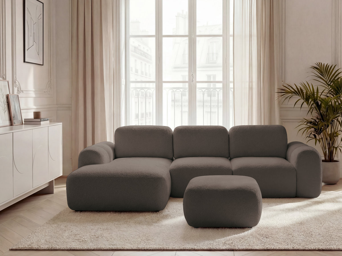 Bobochic Montaigne Ecksofa mit Schlaffunktion und Bettkasten und Pouf 276 × 164 cm Bouclé-Stoff Braun Ecke links