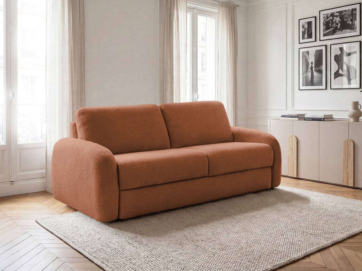 Bobochic Kenan Schlafsofa 3-Sitzer Bouclé-Stoff Orange, Liegefläche 160 × 196 cm