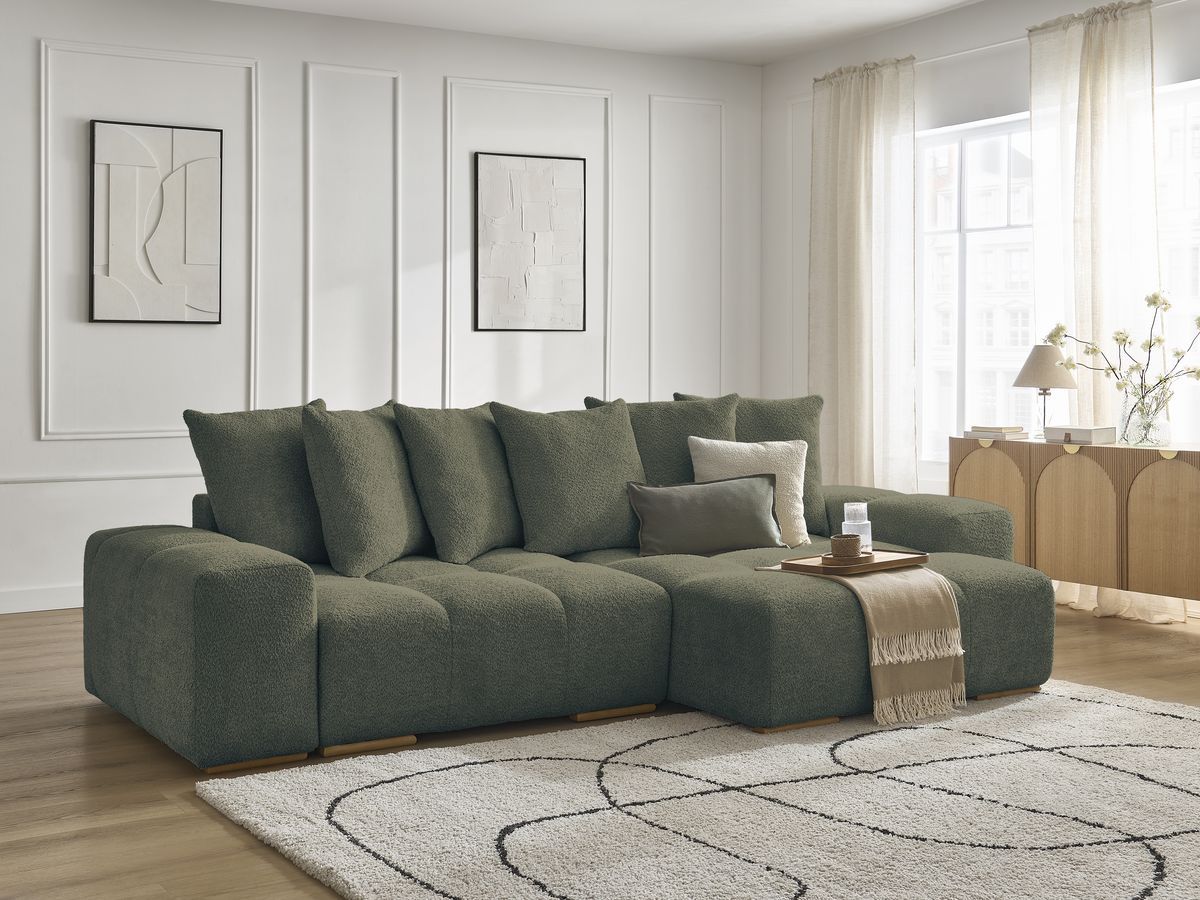 Bobochic Anakin Ecksofa, 6 Kissen Bouclé-Stoff Grün