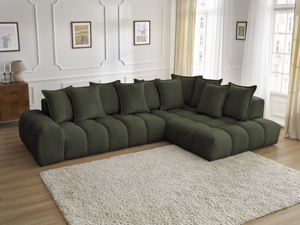 Bobochic Everest Ecksofa, 10 Kissen Melange-Stoff Grün Ecke rechts