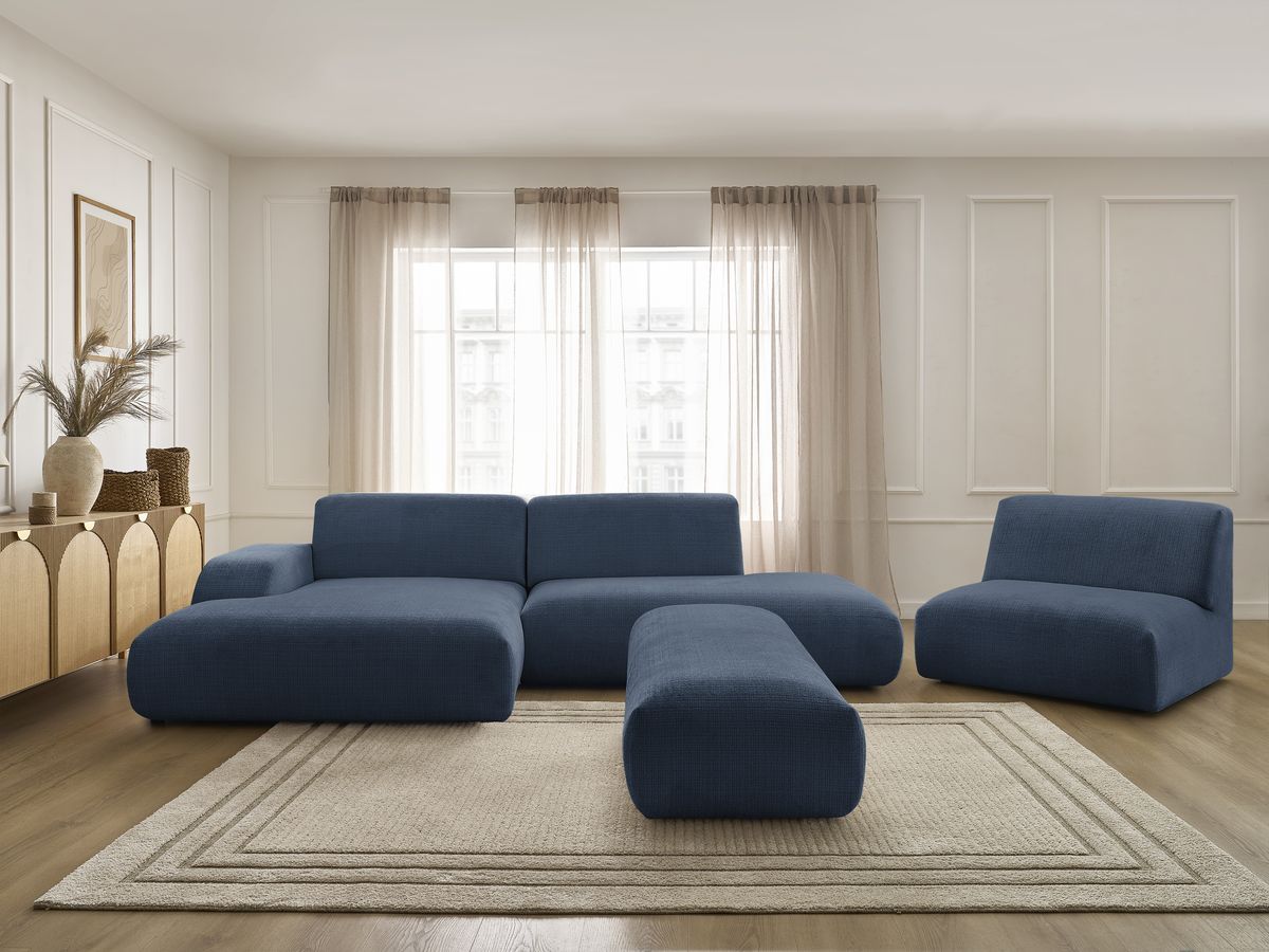Bobochic Sirius Ecksofa mit Pouf 405 × 170 cm Strukturstoff Dunkelblau Ecke links