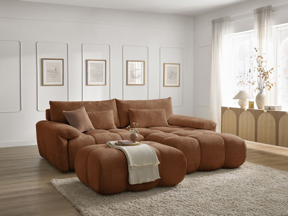Bobochic Ivane Ecksofa mit Pouf Strukturstoff Orange Ecke rechts