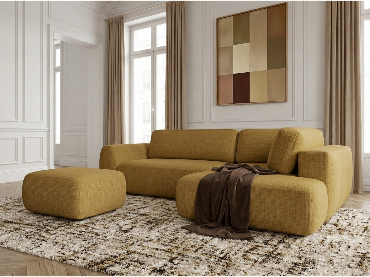 Bobochic Denise Ecksofa mit Schlaffunktion und Bettkasten und Pouf 256 × 197 cm Strukturstoff Gelb Ecke rechts